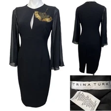 Trina Turk Black Keyhole Sheer Sleeve Embellished Gold Bead Sheath Dress Sz 8