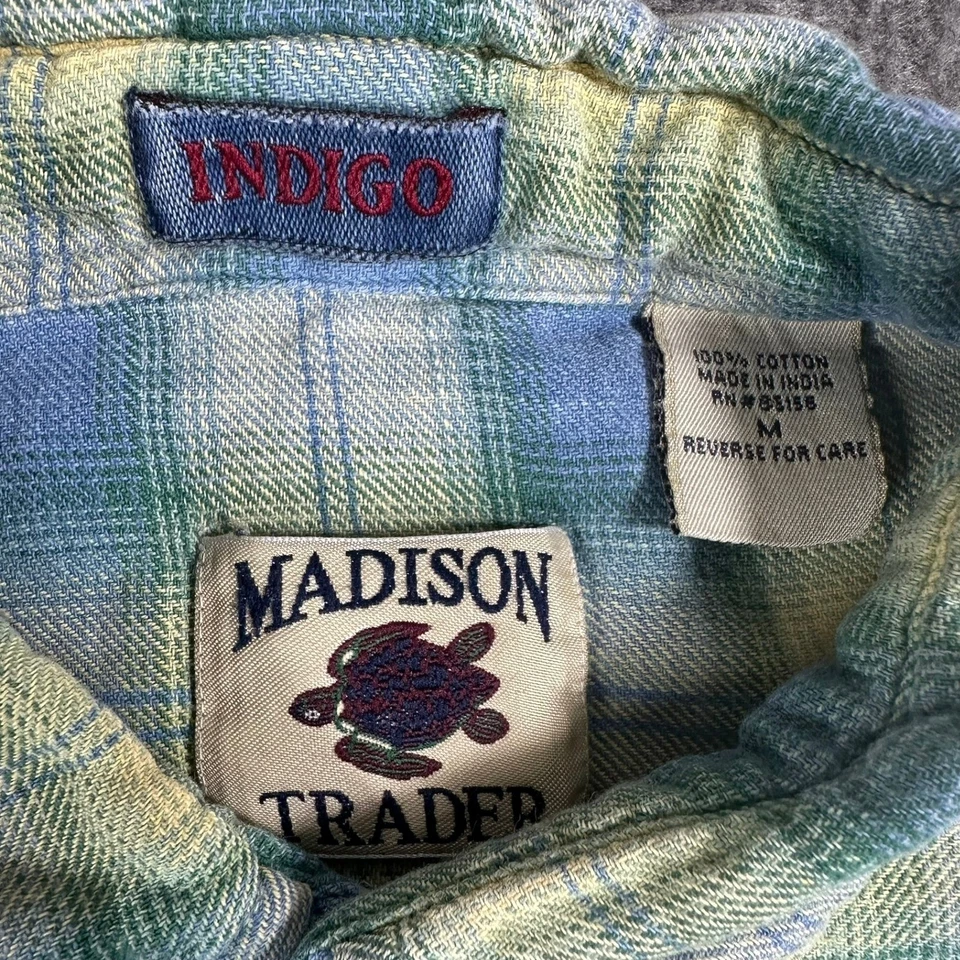 Madison Trader Plaid Flannel Shirt Men Medium Blue Yellow Button Down - Image 4 of 4
