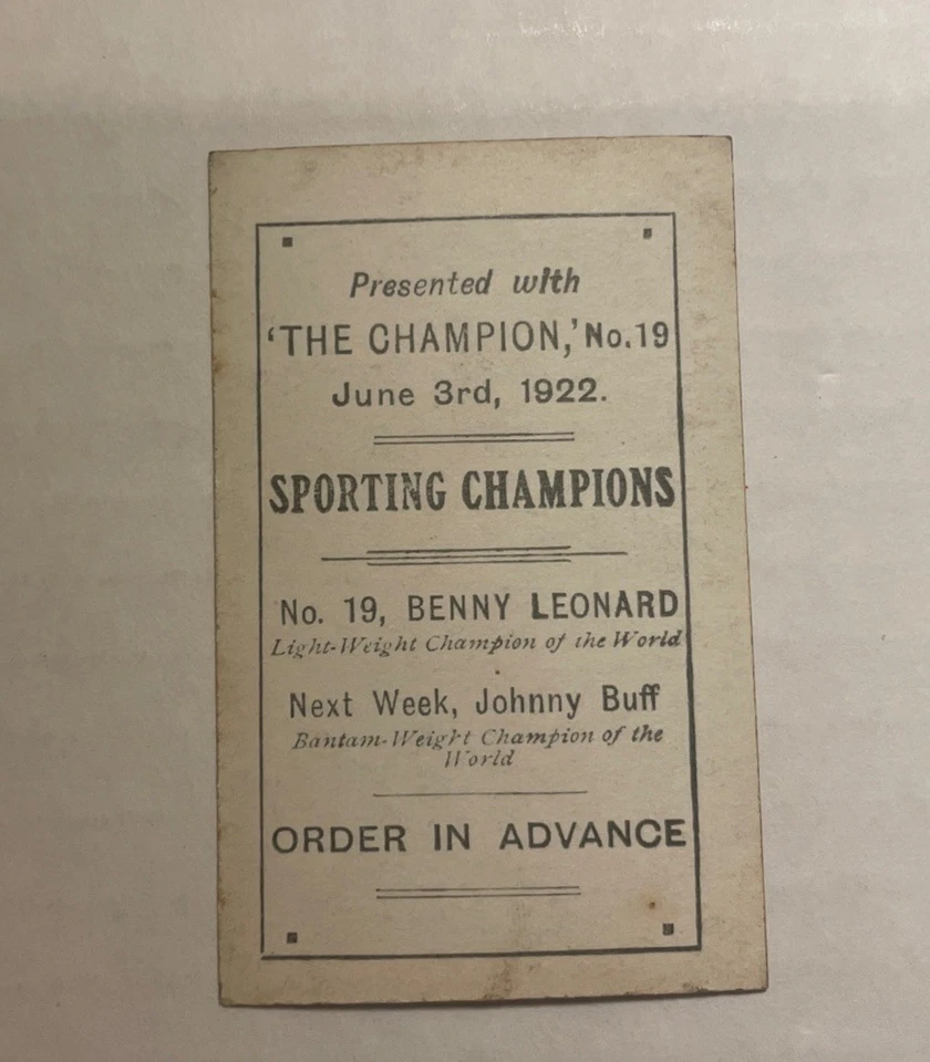 1922-23 The Champion Sporting Champions #19 Benny Leonard RC Boxeo Salón de la fama raro en muy buena condición Foto 3 de 3