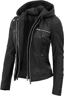 New Women's Black Stylish Real Leather Hoodie Ladies Jacket - Detach Hood