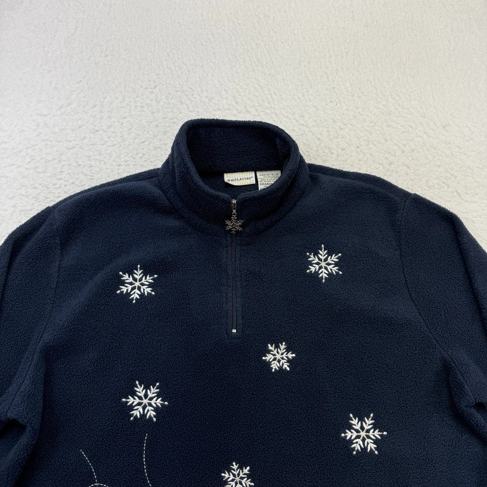 Suéter de Natal Pinguim Feminino Grande L Azul 1/4 Zíper Pulôver Flocos de Neve - Imagem 3 de 4