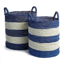 Striped Seagrass Storage Baskets - Blue and White, Set of 2