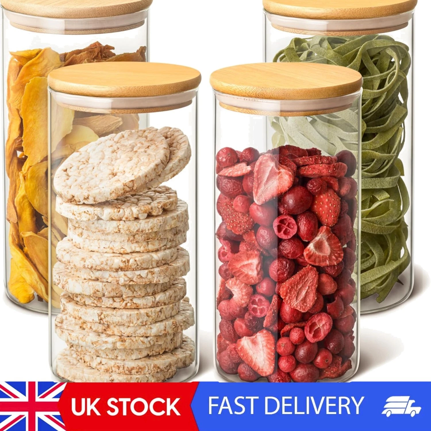 Airtight Bamboo-Lid Glass Jars Set - 4 x 1200ml Perfect for Food Storage