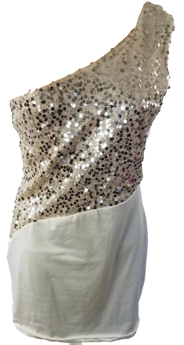 one sleeve silver sequin dress LaDivine CD884 One Shoulder Sequin Dress