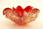 Vintage Mid Century Murano Art Glass Ashtray Bright Red with Silver Inclusions