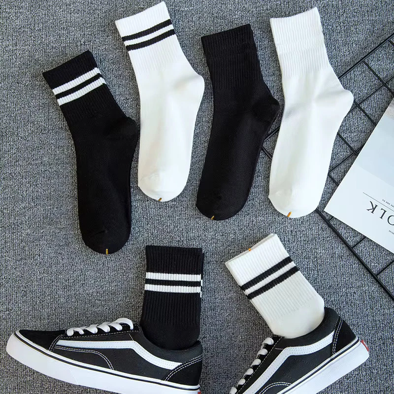 Chaussettes Rayées Coton Hommes Femmes Tennis Blanc Noir Unisexe - Photo 2/2