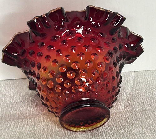 Fenton Amberina Ruby Red Hobnail Rose Bowl Vase Crimped Ruffled 4” UV Reactive - Picture 9 of 18