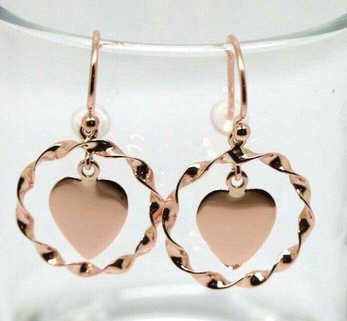 Genuine 9ct Solid Rose Gold Hooks Fancy Heart Disc Earrings - Picture 6 of 10