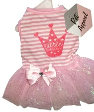 Pet Apparel "Little Princess" Glitter, Crown, Gem Satin Bow, Puppy/Dog Dress, Sm