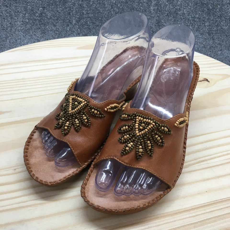 Clarks Sandals Womens 8 M Slip On Slides Brown Leather Wedge Open Casual Beaded - Image 3 of 4