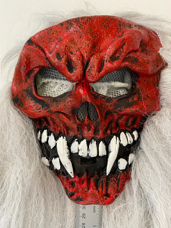 Scary Red Face Ghoul Devil Skeleton Adult Pullover Mask Hair Halloween Costume - Image 2 of 4