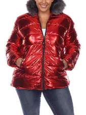 White Mark Plus Size Women Metallic Puffer Coat with Hoodie - Red - 1X