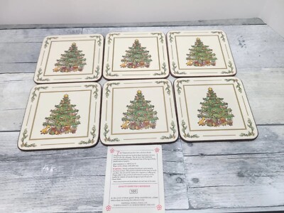 Vintage Pimpernel White Christmas Tree 6PC Cork Back Coasters with original box
