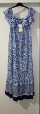 ZARA BLUE WHITE FLORAL PRINT OFF THE SHOULDER MIDI COTTON SMOCKED DRESS SIZE L