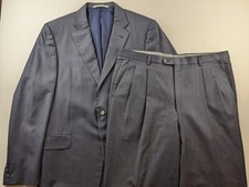 VTG Hickey Freeman Loro Piana 2 Piece Suit Men 42L Navy Striped Pleated Pant R3