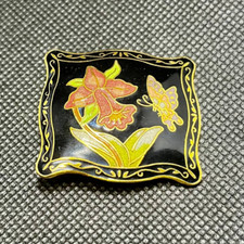 Cloisonne Butterfly  Daffodil Flower Gold Tone Belt Buckle Enamel Vintage