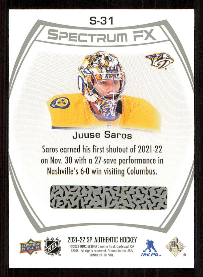 2021-22 SP Authentic Spectrum FX #S31 Juuse Saros - Image 2 of 2