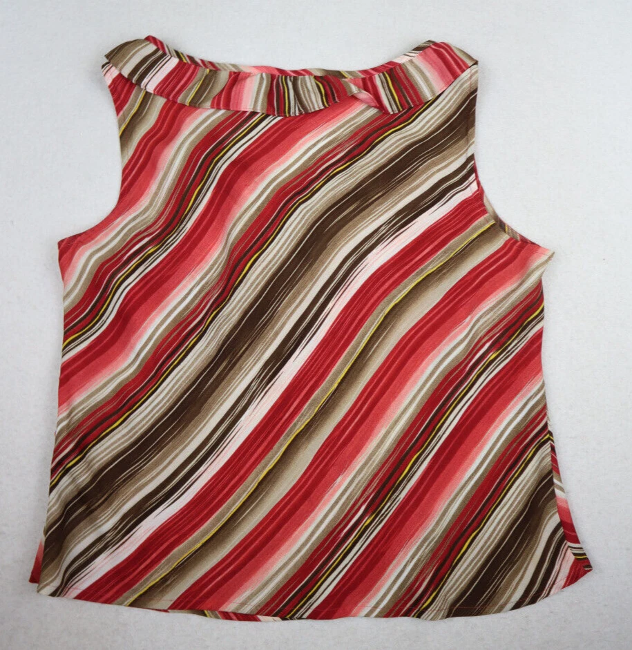 VILLAGER LIZ CLAIBORNE - CAMISETA SIN MANGAS CON VOLANTES A RAYAS ROJAS Y MARRONES PARA MUJER - TALLA PXL Foto 4 de 4