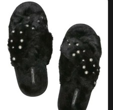 VS Cozy slide on Embellished criss-cros slippers new medium 7/8 black pearls