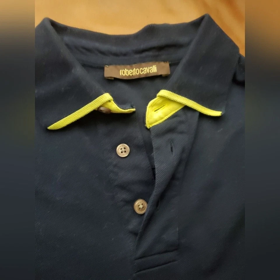 Roberto Cavalli Polo Euc Navy Lime L Large TC - Image 4 of 4