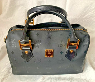 MCM Boston Bag Tasche Handtasche  PVC Leder Schwarz Gold