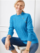 NWT TALBOTS Mockneck Cable Knit Sweater in Blue Size Lp