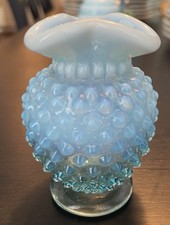 Fenton Blue Opalescent Hobnail Mini Vase Tri Crimp 1940s