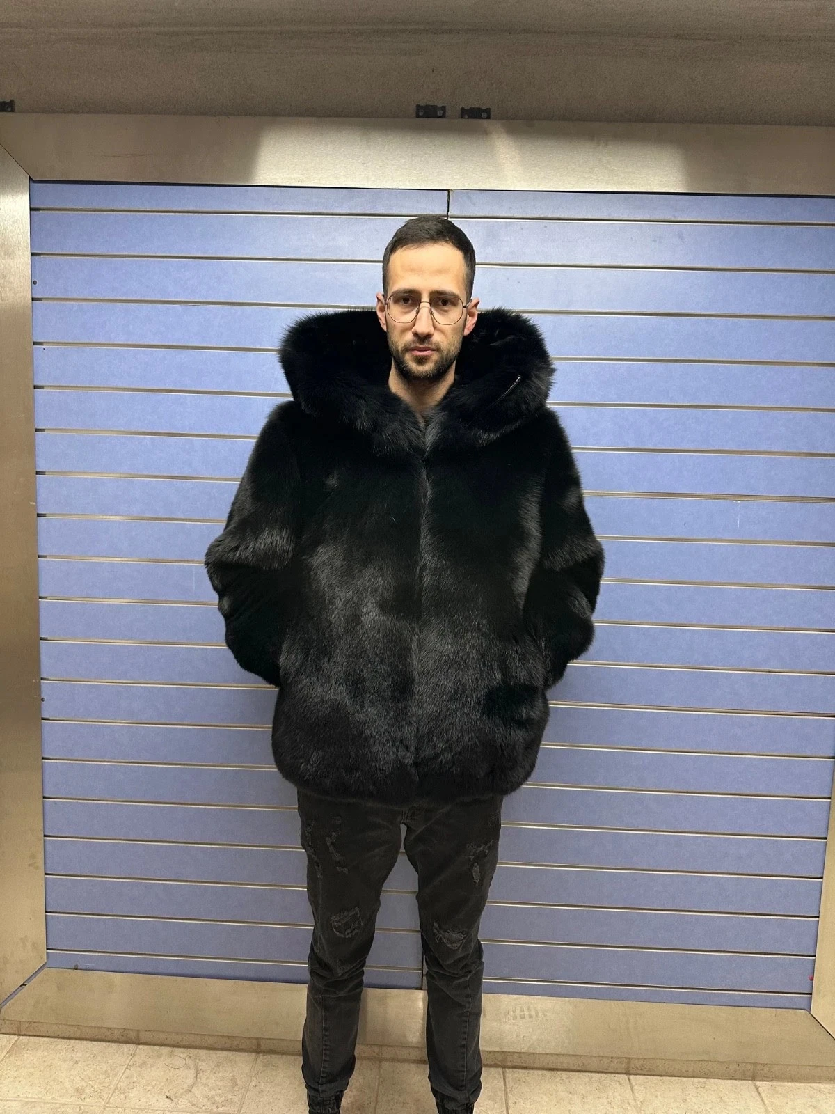 5XL Luxury Full Black Faux Fox Fur Jacket Black Bomber Faux Fur Hooded Jacket