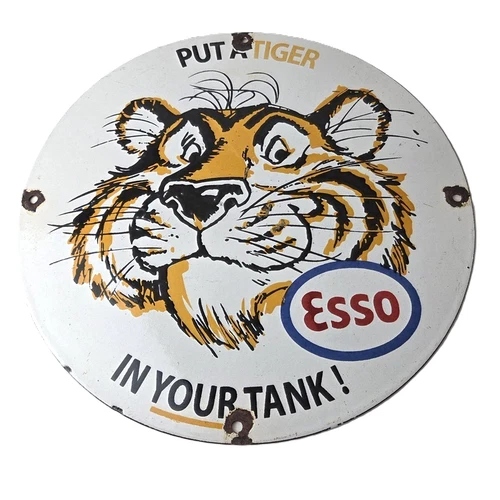 Vintage Esso Gasoline Sign - Tiger Auto Tank Gas Station Porcelain Sign