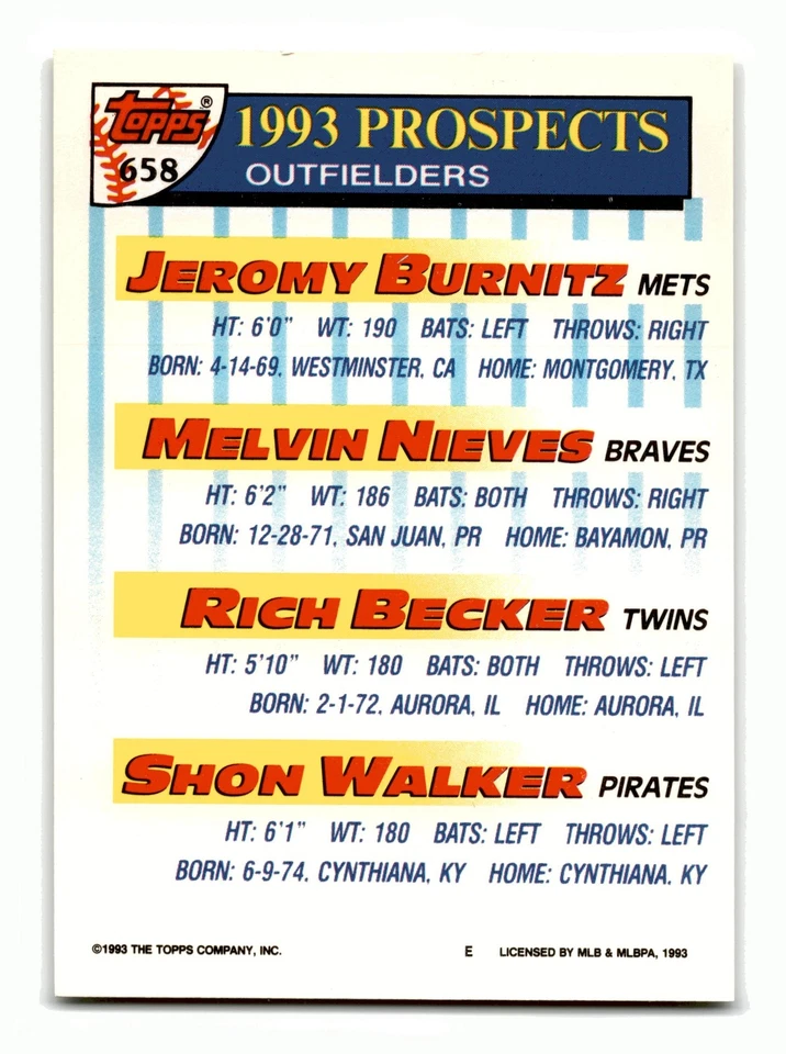 Jeromy Burnitz 1993 Topps Inaugural Marlins Top Prospects #658 Mets NM-MINT - Image 2 of 2