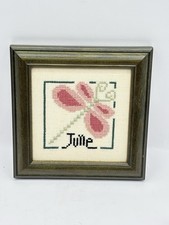 Completed June Cross Stitch Rustic Green Framed 5  Pink Dragon Fly Spring