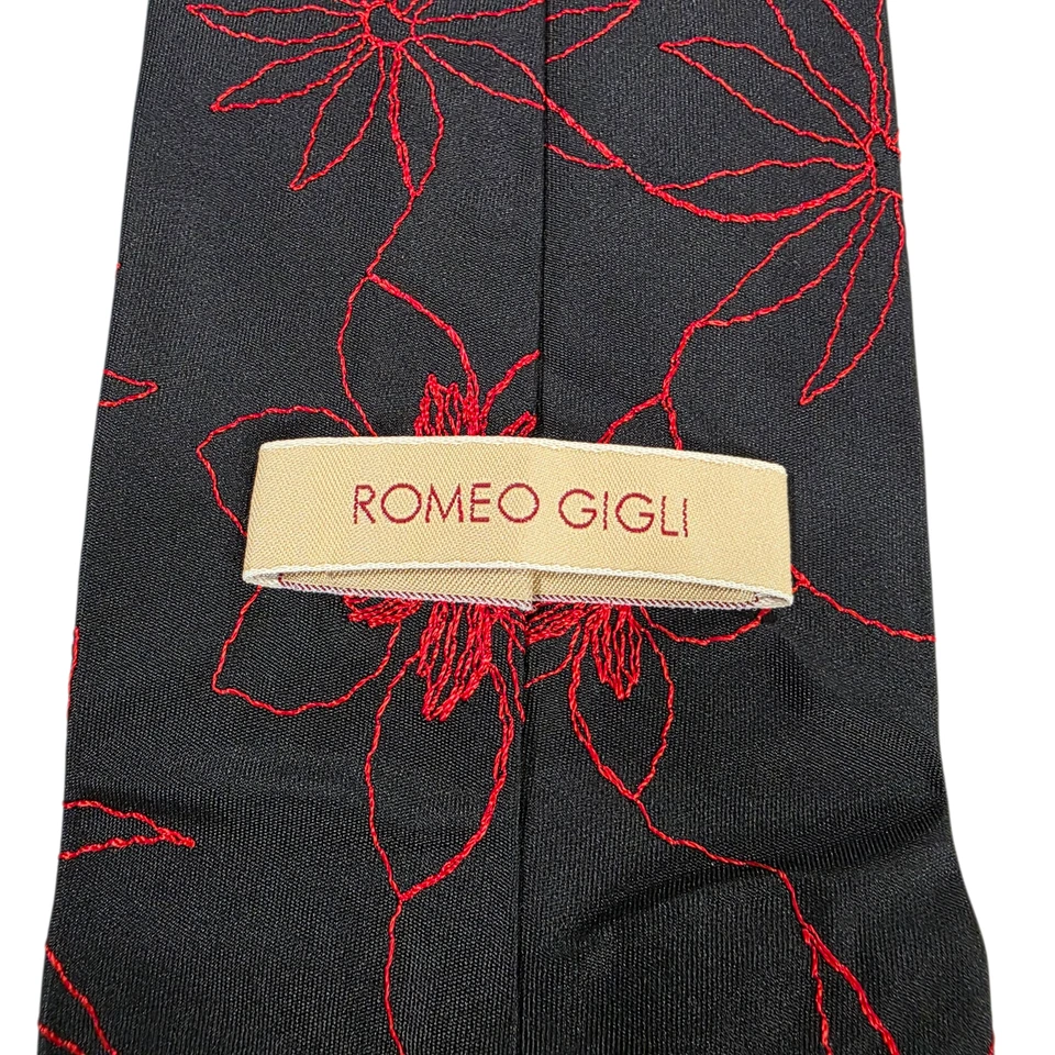 Romeo Gigli 男式领带豪华黑色红色花卉丝绸刺绣套装意大利 — 第 4/4 张图片