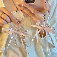 Elegant Phone Charm for Women Pink Bow Pearl Strap Universal Compatible