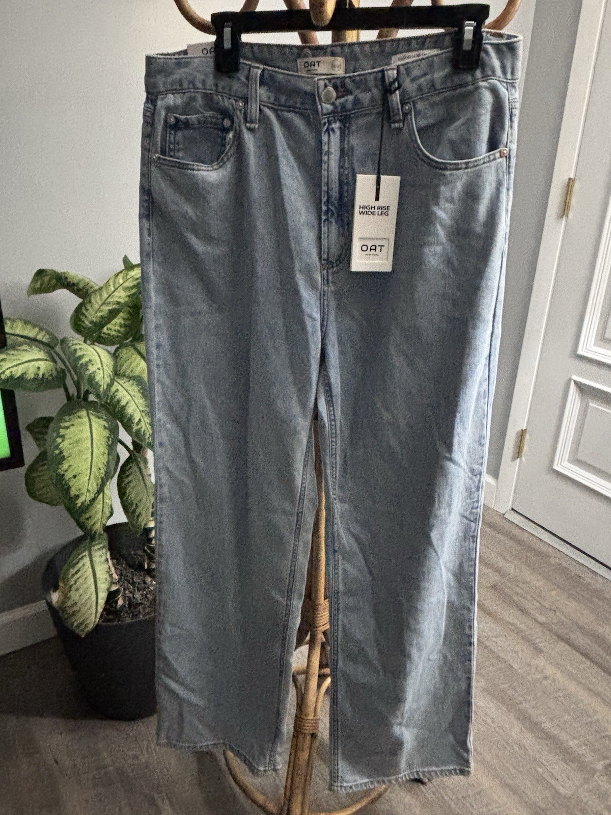 OAT New York Denim Jeans Blue Light Wash High Rise Wide Leg Zip Button 5-Pocket