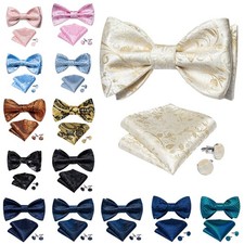 Self Mens Bowtie Hankie Cufflinks Set Wedding Formal Casual Bow Ties