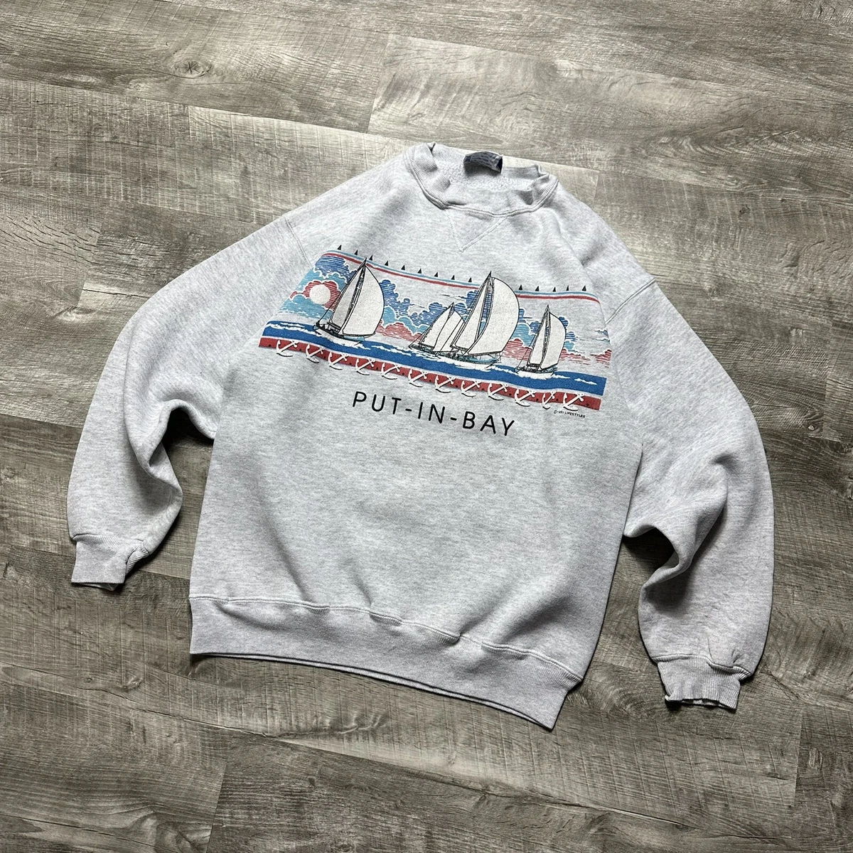 Vintage 90s Put In Bay Sweatshirt Mens S/M Crewneck All Over Print