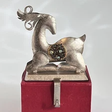 Reindeer Buck Christmas Stocking Hanger Metal With Beads Rhinestones Cottagecore