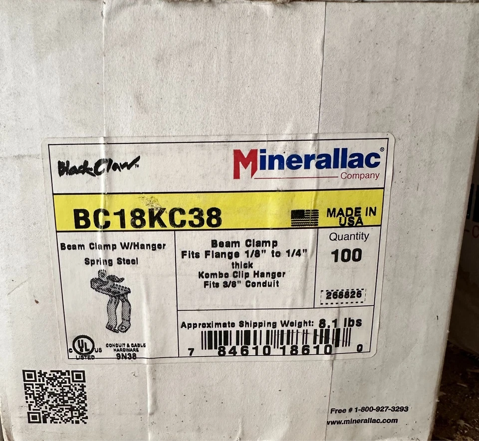 Minerallac BC18KC38 ( Caddy Erico 6M24 ) Beam Clamp w/3/8" Hanger NOS