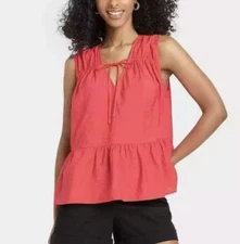 NEW A New Day Smocked Ruffle Bottom Tank Mango Berry Size Large