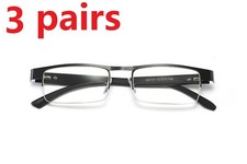 3PK Mens Rectangular Metal Half Frame Reading Glasses Spring Hinge Black Readers