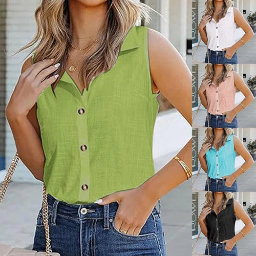Damen Ärmellose Button Down Shirts Blusen Einfarbig Freizeit Leinen V Ausschnitt - Bild 2 von 39