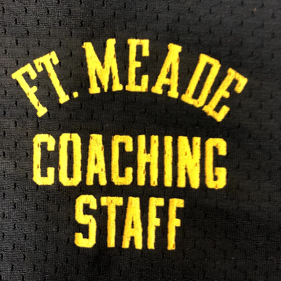 Camisa JERSEY De Colección Años 70 80 FT MEADE COACHING Staff Negro Amarillo Malla Timbre Nylon Foto 4 de 4