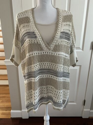 🔥🔥chicos 3 (XL) Tunic Sweater Open Knit White Gold Gray Heathered V Neck NWT - Picture 1 of 8