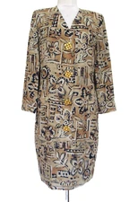 Vintage 80s Rickie Freeman Teri Jon Linen Dress Size 10 Women Tan Black Print