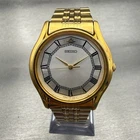 Seiko Watch Men 34mm Silver Dial Gold Tone Round V701-7A20 New Battery Vintage