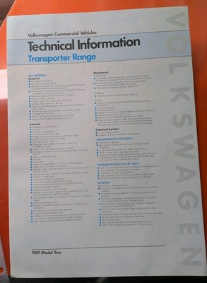 Rare '89 Factory Volkswagen Technical Information Brochure Transporter Variety