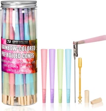 Colorful Pre Rolled Cones -72 Pack Rainbow King Size Cones Rolling Paper, Slow B