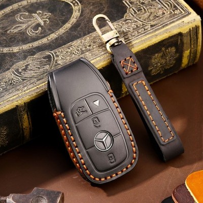 Leder Hülle für Mercedes Autoschlüssel Dunkelbraun Key Fob Cover + Karabiner