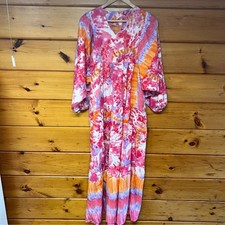 Women’s Long Sleeve Casual Tie Dye Wide Sleeve V Neck Bohemian Maxi Dress M/L