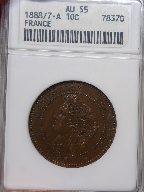 France 10 Centimes 1888/7 ANACS AU55 *SCARCE VARIETY* (small slab)